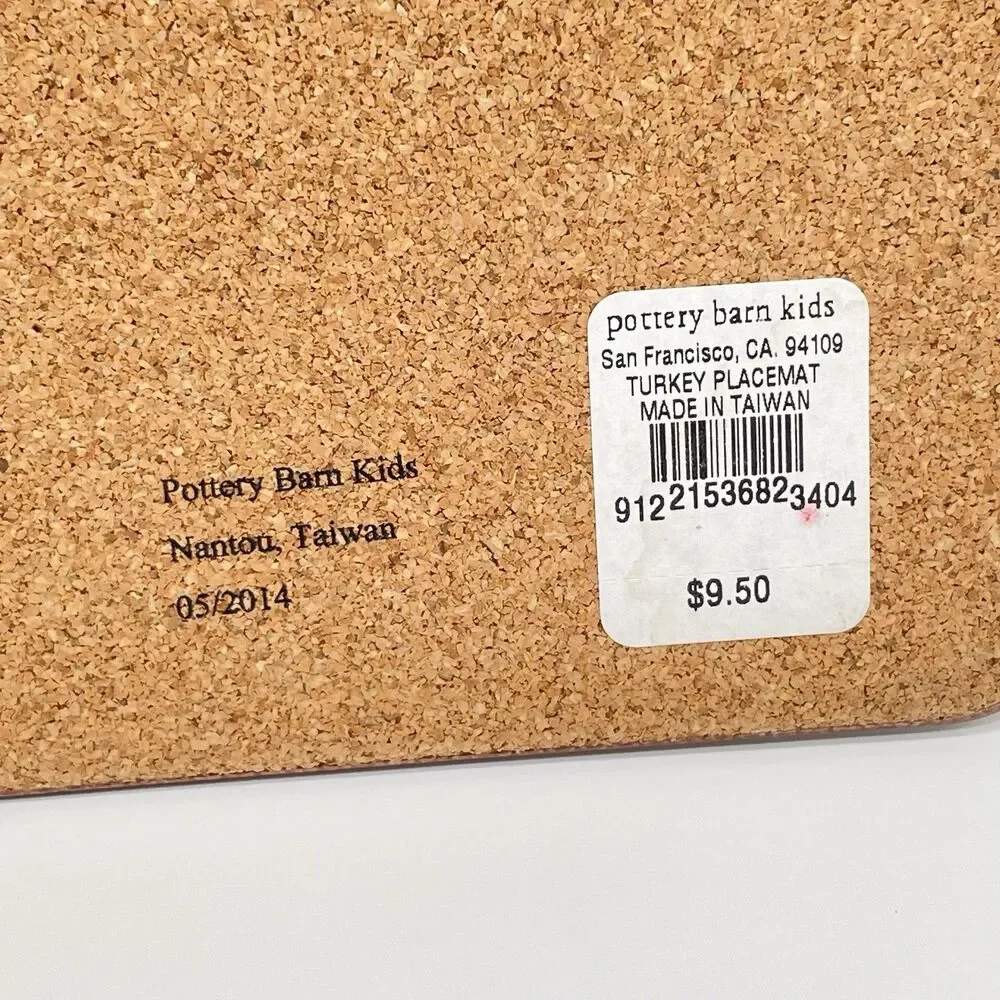 Pottery Barn Kids Turkey Placemats Set of 6 Thanksgiving Cork Back 15.5x11.5